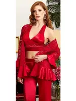 3'lü Dantel Saten Büstiyerli Pijama Takım Jeremi 3169 Bordo