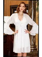 6'lı Saten Dantelli Gecelik Sabahlık Takımları Seti Jeremi 1035 Ekru