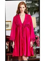6'lı Saten Dantelli Gecelik Sabahlık Takımları Seti Jeremi 1045 Fuşya