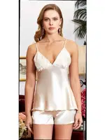 6'lı Saten Dantelli Gecelik Sabahlık Takımları Seti Jeremi 1055 Pudra farklı açı