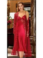 6'lı Saten Dantelli Gecelik Sabahlık Takımları Seti Jeremi 619 Bordo detay görünüm