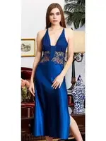 6'lı Saten Dantelli Gecelik Sabahlık Takımları Seti Jeremi 920 Lacivert detay görünüm