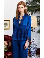 6'lı Saten Dantelli Gecelik Sabahlık Takımları Seti Jeremi 920 Lacivert görsel 4