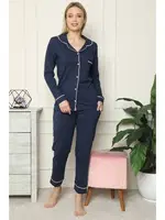 Akbeniz Kadın %100 Pamuk Penye Önden Düğmeli Uzun Kol Pijama Takım 2713 Lacivert