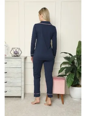 Akbeniz Akbeniz Kadın %100 Pamuk Penye Önden Düğmeli Uzun Kol Pijama Takım 2713 - Alternatif Görünüm