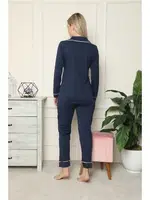 Akbeniz Kadın %100 Pamuk Penye Önden Düğmeli Uzun Kol Pijama Takım 2713 Lacivert detay görünüm