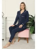 Akbeniz Kadın %100 Pamuk Penye Önden Düğmeli Uzun Kol Pijama Takım 2713 Lacivert farklı açı