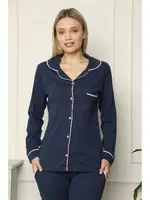 Akbeniz Kadın %100 Pamuk Penye Önden Düğmeli Uzun Kol Pijama Takım 2713 Lacivert görsel 4