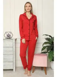 Akbeniz Akbeniz Kadın %100 Pamuk Penye Önden Düğmeli Uzun Kol Pijama Takım 2714