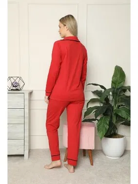 Akbeniz Akbeniz Kadın %100 Pamuk Penye Önden Düğmeli Uzun Kol Pijama Takım 2714 - Alternatif Görünüm