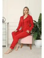Akbeniz Kadın %100 Pamuk Penye Önden Düğmeli Uzun Kol Pijama Takım 2714 Kırmızı farklı açı