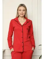 Akbeniz Kadın %100 Pamuk Penye Önden Düğmeli Uzun Kol Pijama Takım 2714 Kırmızı görsel 4