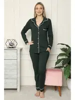 Akbeniz Kadın %100 Pamuk Penye Önden Düğmeli Uzun Kol Pijama Takım 2715 Yeşil