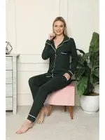 Akbeniz Kadın %100 Pamuk Penye Önden Düğmeli Uzun Kol Pijama Takım 2715 Yeşil farklı açı