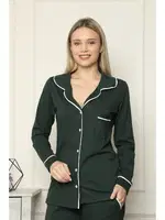 Akbeniz Kadın %100 Pamuk Penye Önden Düğmeli Uzun Kol Pijama Takım 2715 Yeşil görsel 4