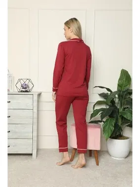 Akbeniz Akbeniz Kadın %100 Pamuk Penye Önden Düğmeli Uzun Kol Pijama Takım 2716 - Alternatif Görünüm