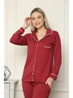 Akbeniz Kadın %100 Pamuk Penye Önden Düğmeli Uzun Kol Pijama Takım 2716 Bordo farklı açı