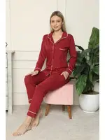 Akbeniz Kadın %100 Pamuk Penye Önden Düğmeli Uzun Kol Pijama Takım 2716 Bordo görsel 4