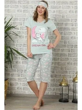 Akbeniz Akbeniz Kadın Su Yeşili Pamuklu Cepli Kapri Pijama Takım 3505