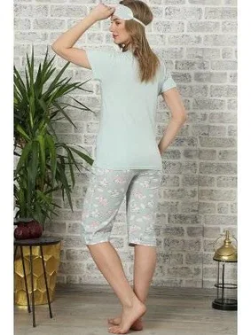 Akbeniz Akbeniz Kadın Su Yeşili Pamuklu Cepli Kapri Pijama Takım 3505 - Alternatif Görünüm