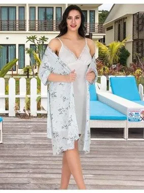 Lady Askılı Gecelik ve Çiçekli Sabahlık Takım Lady 562