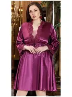 Büyük Beden 2'li Kısa Saten Gecelik Sabahlık Takım Jeremi 3262 Gül Kurusu detay görünüm