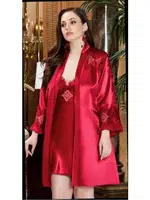 Büyük Beden 2'Li Saten Kısa Gecelik Sabahlık Takım Jeremi 3240 Bordo