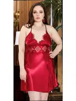 Büyük Beden 2'Li Saten Kısa Gecelik Sabahlık Takım Jeremi 3240 Bordo detay görünüm