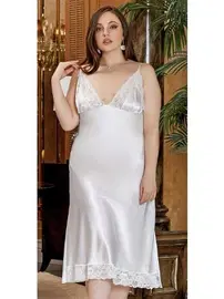 Jeremi Büyük Beden 2'Li Uzun Saten Dantelli Gecelik Sabahlık Takım Jeremi 3247