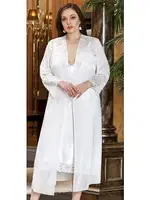 Büyük Beden 2'Li Uzun Saten Dantelli Gecelik Sabahlık Takım Jeremi 3247 Krem detay görünüm