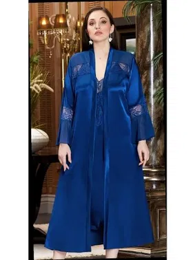 Jeremi Büyük Beden 2'Li Uzun Saten Dantelli Gecelik Sabahlık Takım Jeremi 3250 - Alternatif Görünüm