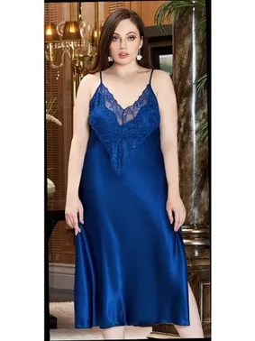 Jeremi Büyük Beden 2'Li Uzun Saten Dantelli Gecelik Sabahlık Takım Jeremi 3250