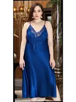 Büyük Beden 2'Li Uzun Saten Dantelli Gecelik Sabahlık Takım Jeremi 3250 Lacivert