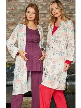 Bone Club Çiçek Desen Sabahlıklı Lohusa Pijama Takımı Bone 5107