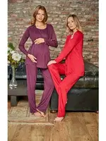 Çiçek Desen Sabahlıklı Lohusa Pijama Takımı Bone 5107 Mor detay görünüm