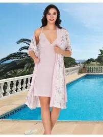 Lady Desenli Pembe Gecelik ve Sabahlık Takım Lady 546