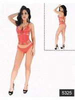 Elawin Kırmızı Simli Dantel Büstiyer Takım 5325 Kırmızı