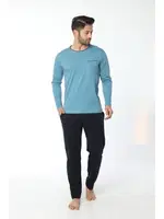 Erkek Bisiklet Yaka Uzun Kollu Pijama Takım 12055-A Öztaş Mavi-Lacivert