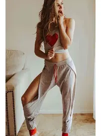 Merry See Merry See Özel Tasarım Dantel Kalp Tasarımlı Pijama Takım Gri