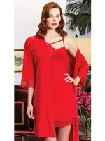 Penye 6'lı Dantelli Gecelik Sabahlık Takımları Seti Jeremi 815 Kırmızı