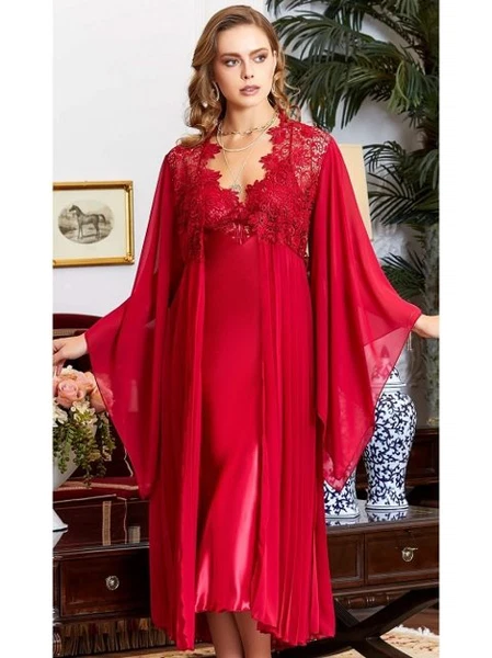 6'lı Saten Dantelli Gecelik Sabahlık Takımları Seti Jeremi 975