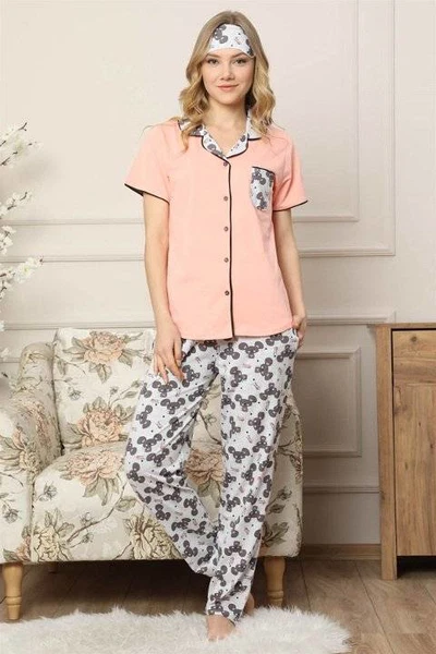 Akbeniz Kadın Somon Pamuklu Düğmeli Cepli Kısa Kol Pijama Takım 2539