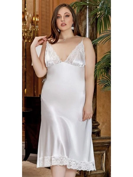 Büyük Beden 2'Li Uzun Saten Dantelli Gecelik Sabahlık Takım Jeremi 3247