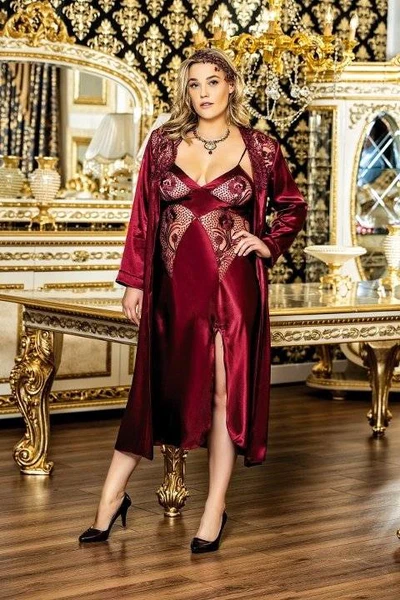 Büyük Beden Uzun İkili Sabahlık Saten Bordo Sweet Night 8901