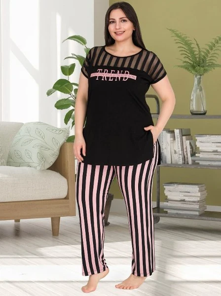 Çizgili Büyük Beden Pijama Takımı Lady 10772