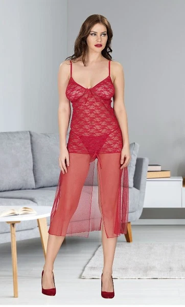 Kırmızı Dantelli Erotik Gecelik Takım Miss Dore 4205