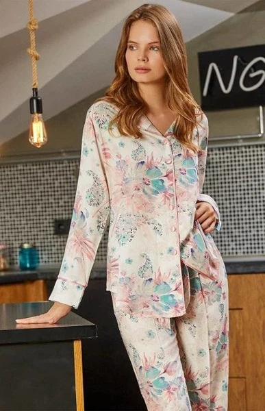 Önden Düğmeli Ekru Pijama Takımı Bone Club 5135