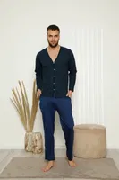 Akbeniz Erkek Önden Düğmeli Cepli Uzun Kollu Pijama Takımı 6768 Lacivert detay görünüm