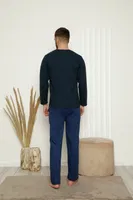 Akbeniz Erkek Önden Düğmeli Cepli Uzun Kollu Pijama Takımı 6768 Lacivert farklı açı