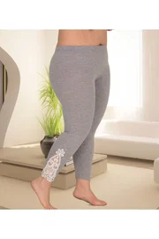 Lady Büyük Beden Gri Yüksek Bel Dantel Detay Uzun Tayt Lady 1113